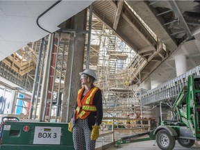 Edmonton Public Library CEO Pilar Martinez in the atrium that will greet library visitors when it re-opens on Feb. 14, 2020.