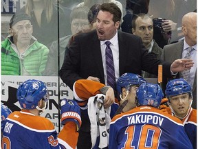 Edmonton Oilers head coach Todd Nelson talks to the team during third period NHL action against the St. Louis Blues, at Rexall Place, in Edmonton on Feb. 28, 2015.