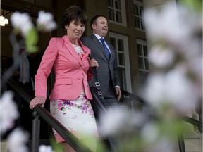 Energy Minister Sonya Savage and Alberta Premier Jason Kenney leave Government House following a meeting with Alberta senators on Thursday, May 23, 2019.
