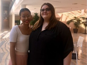 Rajah Maggay (left) and Kasey Enokson, vice-chair and chair of the city youth council's health and wellness committee, spoke about a youth mental health survey at city hall on Monday May 27, 2019.