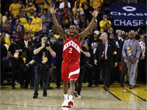 Kawhi Leonard of the Toronto Raptors celebrates his team's win over the Golden State Warriors in Game Six to win the 2019 NBA Finals at ORACLE Arena on Thursday, June 13, 2019 in Oakland, Calif.