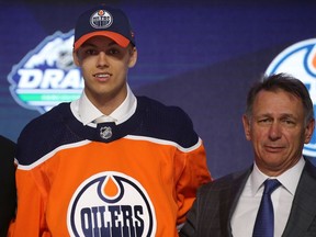 VANCOUVER, BRITISH COLUMBIA - JUNE 21: Philip Broberg reacts after being selected eighth overall by the Edmonton Oilers during the first round of the 2019 NHL Draft at Rogers Arena on June 21, 2019 in Vancouver, Canada.