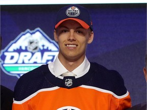 Philip Broberg reacts after being selected eighth overall by the Edmonton Oilers during the first round of the 2019 NHL Draft at Rogers Arena on June 21, 2019 in Vancouver.