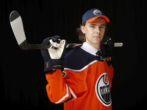 VANCOUVER, BRITISH COLUMBIA - JUNE 22: Raphael Lavoie poses after being selected 38th overall by the Edmonton Oilers during the 2019 NHL Draft at Rogers Arena on June 22, 2019 in Vancouver, Canada.