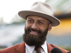 B.C. Lions quarterback Mike Reilly speaks to the media after arriving at Commonwealth Stadium, in Edmonton on Thursday, June 20, 2019.