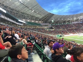 More than 13,000 people turned out at Mosaic Stadium on Wednesday to watch Game 5 of the NBA championship series, between the Toronto Raptors and Golden State Warriors.