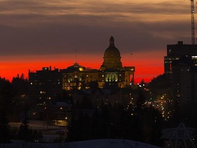 The sun sets over the Alberta Legislature on a warm evening on Thursday December 7, 2017 in Edmonton. Greg  Southam / Postmedia