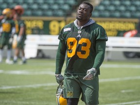 Kwaku Boateng walks off the field at The Eskimos practice on July 30, 2018 at Commonwealth Stadium ahead of their next home game against Saskatchewan. Shaughn Butts / Postmedia