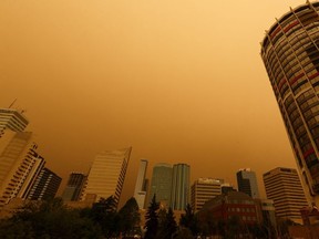 Wildfire smoke is seen in the air in downtown Edmonton on Thursday, May 30.