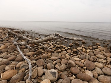 Driftwood is seen on a beach near Widewater as a wildfire evacuation alert continues near the town of Slave Lake, on Saturday, June 1, 2019.