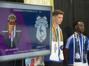 Current FC Edmonton player Easton Ongaro and FC Edmonton academy U-18 player Ivan Hirankunda at the event. Soccer Week in Edmonton is coming in July and features a friendly match at Commonwealth Stadium between Cardiff City and Real Valladolid on July 20. The announcement was was made on on June 6, 2019. Photo by Shaughn Butts / Postmedia
