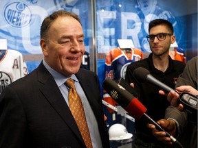 The Edmonton Oilers announced that Tom Anselmi (left) has been hired as President, Business Operations and Chief Operating Officer of EOHC and ICE District. He's seen in a press conference in Edmonton, on Monday, June 10, 2019. Photo by Ian Kucerak/Postmedia