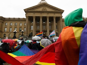 Demonstrators rally against Bill 8, the Education Amendment Act, during the Rally to Save Gay-Straight Alliances at the Alberta legislature in Edmonton on Wednesday, June 19, 2019.