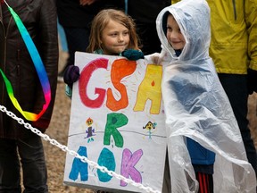 Young demonstrators rally against Bill 8, the Education Amendment Act, during the Rally to Save Gay-Straight Alliances at the Alberta Legislature in Edmonton, on Wednesday, June 19, 2019.