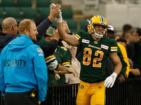 Edmonton Eskimos receiver Greg Ellingson (82) celebrates a touchdown on the B.C. Lions during a CFL football game at Commonwealth Stadium in Edmonton on Friday, June 21, 2019.