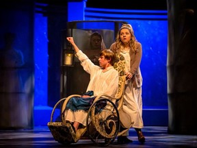 Adam Skogstad (in the wheelchair) as Colin, Hayley Stacey as Mary Lennox, and Ada Chitay as the Ayah (centre back) in Lucy Simon's musical The Secret Garden. It opened on June 26 at Festival Place as part of Opera Nuova's opera festival, and runs through Sunday, June 30.