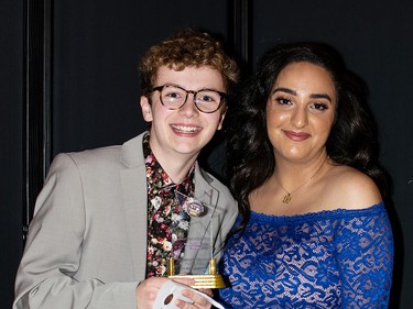 Winners for Outstanding Achievement in Marketing and Publicity, (from left to right) David Gallo, Bee Shams, from Blessed Oscar Romero High School, for the play The Beverly Hillbillies.