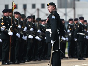 Incoming commanding officer Lt.-Col. Guillaume Grenier-Lachance about to dismiss his troops after a ceremony of 1 Service Battalion change of command parade at the CFB Edmonton Garrison, Tuesday, June 25, 2019.