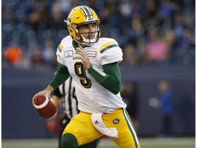 Edmonton Eskimos quarterback Danny O'Brien (9) throws against the Winnipeg Blue Bombers during the first half of pre-season CFL action in Winnipeg Friday, June 1, 2018.