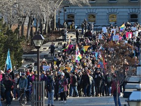 After GSA supporters rallied in front of the Alberta Legislature they marched to the building that Jason Kenney's campaign office is in. Edmonton, March 27, 2019.