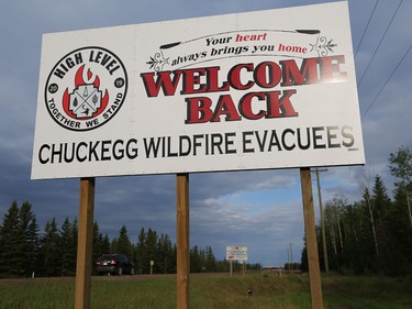 A Welcome Back sign is seen on Highway 58 outside of High Level on the day Chuckegg Creek wildfire evacuees can return to the previously evacuated town on June 3, 2019.