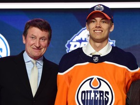 Jun 21, 2019; Vancouver, BC, Canada; Philip Broberg poses for a photo with Wayne Gretzky after being selected as the number eight overall pick to the Edmonton Oilers in the first round of the 2019 NHL Draft at Rogers Arena. Mandatory Credit: Anne-Marie Sorvin-USA TODAY Sports ORG XMIT: USATSI-403715