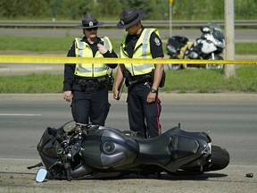 Police investigate a motorcycle accident on Scona Road at 95A Avenue at approximately 4:30 pm on Saturday June 22, 2019. A 33-year-old male was taken to hospital where he died from his injuries. (PHOTO BY LARRY WONG/POSTMEDIA)