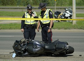 Police investigate a motorcycle accident on Scona Road at 95A Avenue at approximately 4:30 pm on Saturday June 22, 2019. A 33-year-old male was taken to hospital where he died from his injuries. (PHOTO BY LARRY WONG/POSTMEDIA)