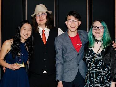 Winners for Outstanding Stage Crew, (from left to right) Caitrin Bullis, Ty Huber-Starks, Issac Yao, Laura Christie, from Strathcona High School, for the musical Big Fish: The Musical.