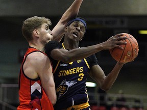 Fraser Valley Bandits Dallin Bachynski (left) defends against Edmonton Stingers Mamadou Gueye (right) during Canadian Elite Basketball League game action in Edmonton on Friday June 7, 2019. (PHOTO BY LARRY WONG/POSTMEDIA)