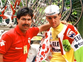 Alex Stieda and his 7-Eleven team owner Jim Ochowicz after the Edmonton cyclist won the yellow jersey and four others in the second stage of the 1986 Tour de France.