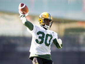 Martese Jackson takes part in an Edmonton Eskimos practice at Commonwealth Field, in Edmonton on Wednesday, Oct. 3, 2018.