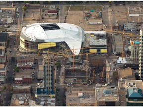 An aerial view of Ice District construction in 2015.