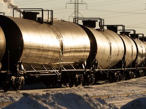 Oil cars are seen at the Kinder Morgan Rail Terminal in Sherwood Park, on Tuesday, March 5, 2019.