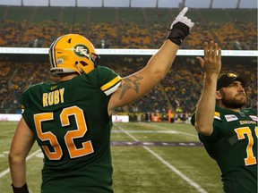 Edmonton Eskimos' Jacob Ruby celebrates during the second half of a CFL football game versus the BC Lions at Commonwealth Stadium in Edmonton, on Friday, June 21, 2019.