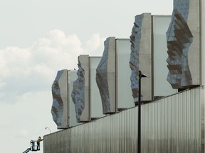 Public artwork from German artist Thorsten Goldberg called 53° 30'N is seen on the yet to open Edmonton Public Transit's Kathleen Andrews Transit Garage on Fort Road in Edmonton, on Thursday, July 4, 2019.