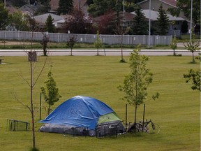 A homeless tent is seen in Spartan Park surrounded by discarded shopping carts at Spartan Park east of Wayne Gretzky Drive south of Yellowhead Trail in Edmonton, on Thursday, July 4, 2019.