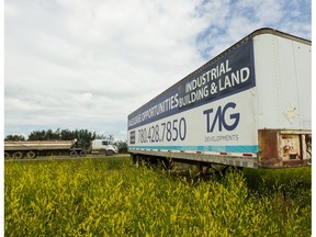 A semi-trailer used for advertizing is seen is on the south side of the Yellowhead Highway between Range Roads 262 and 261 west of Edmonton on Monday, July 8, 2019.