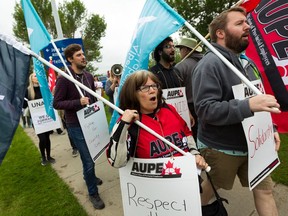 Alberta Union of Provincial Employees (AUPE) members held an information picket outside of Leduc Community Hospital to rally against the UCP government's Bill 9 in Leduc, on Tuesday, July 9, 2019.