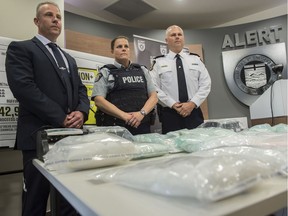 From left, RCMP Supt. Chad Coles, CEO of ALERT, Staff Sgt. Sarah Parke, Bonneyville RCMP, and Deputy Chief Kevin Brezinski, Edmonton Police Service. Project Embrace was a nine month operation that netted more than six kilograms of cocaine and two kilograms of methamphetamine, along with more than $342,000 in cash. Six suspects were charged, with a variety of drug and trafficking offenses on July 11, 2019.