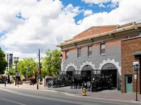Completed in 1910, Strathcona Fire Hall No. 1 is the oldest major fire hall in Alberta. Though modern fire trucks have outgrown the building, we can still see the large doors that once housed Strathcona's cutting-edge horse-drawn fire engines. When Edmonton and Strathcona combined, Firehall No. 1 became Firehall No. 6 and continued to serve the district of Strathcona until the 1950s.  Credit 'On This Spot/Edmonton Archives'.