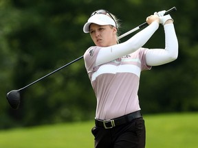 Brooke Henderson of Canada hits her first shot on the 15th hole during the first round of the KPMG Women's PGA Championship at Hazeltine National Golf Course in Chaska, Minn., on June 20, 2019.