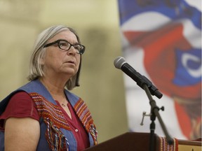 Audrey Poitras, president of the Métis Nation of Alberta, speaks during the Métis Week commemoration of the anniversary of Mr. Riel's execution in 1885 at the Alberta legislature on Nov. 16, 2016.
