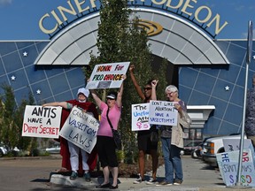 An Alberta pro-choice group protests at South Common in Edmonton on Friday, July 12, 2019,  against Cineplex’s choice to screen the film Unplanned to state unequivocally that hard-fought health care rights are not up for debate.