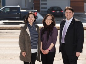 (Left to right) Postdoctoral researcher Naomi Li (now working for the City of Edmonton), lead researcher Amy Kim and associate professor Karim El-Basyouny standing along 87 Avenue near the University of Alberta in Edmonton, on Friday, March 22, 2019. The group are part of a team of researchers helping to refine Edmonton's photo radar program. Photo by Ian Kucerak/Postmedia
