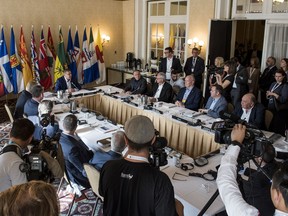Scott Moe addresses the media and provincial representatives at a meeting of Canada's premiers in Saskatoon, Sask. on Wednesday, July 10, 2019.