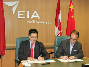 Steve Loo, left, executive director of Plant Box and Myron Keehn, Edmonton International Airport's vice-president of air service and commercial development, announced an agreement that will see the Chinese company benefit from the airport's foreign trade zone.