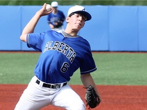 Ben Erwin delivers a pitch during Team Alberta's 2-0 loss to Manitoba to open the baseball tournament at the 2015 Wood Buffalo Western Canada Summer Games in Fort McMurray Alta. on Aug. 12, 2015. Erwin will be appearing in the WCBL All-Star game in Edmonton Sunday.