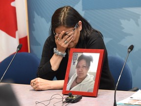 Vivian Tuccaro speaks to the media at RCMP 'K' Division headquarters in Edmonton on July 25, 2019. The RCMP issued a public apology Thursday to Tuccaro and her family in the 2010 disappearance and death of daughter Amber Tuccaro.