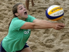 Brooklyn Thys plays in a beach volleyball tournament for youths at the 2019 Edmonton K-Days Exhibition, the annual 10-day festival that wrapped up on Sunday, July 28, 2019.
